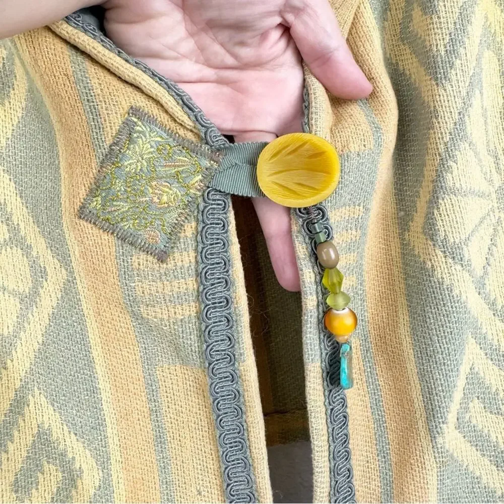 Vintage Artsy Lagenlook Patchwork Knit Single Button Poncho Wrap Shawl Yellow OS